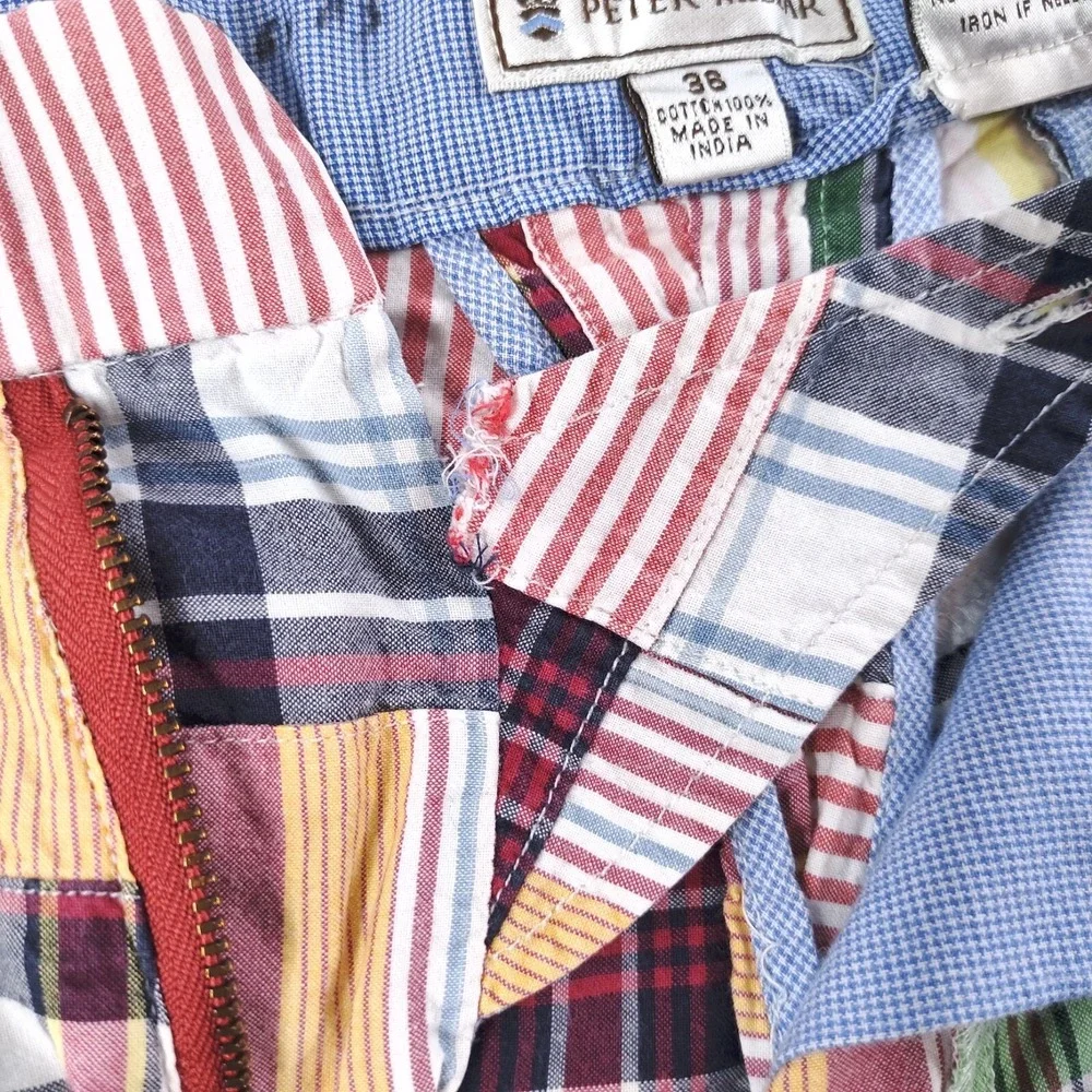 Peter Millar Shorts Mens 36 Madras Plaid Striped Patchwork Slash Pockets Chino